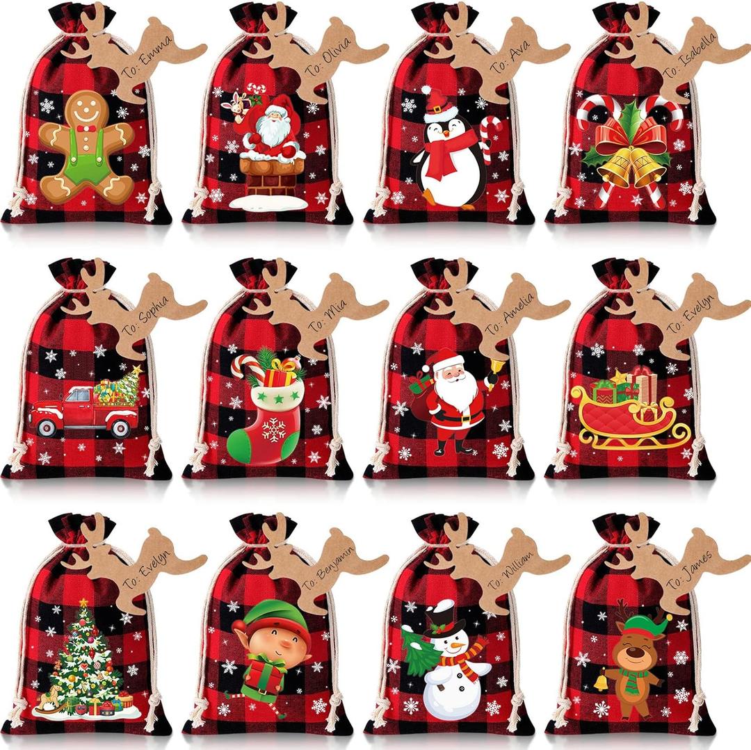 Shappy 24 Pcs Christmas Burlap Gift Bags, Small Treat Goody Bags with Drawstrings for Christmas, Featuring 12 Designs for Xmas and New Year Party Favors and Supplies(Beautiful Style,7 x 5 Inch)