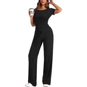 FAIRY SEASON Women's 2 Piece Casual Lounge Sets Summer Outfits Asymmetrical Short Sleeve Tops Wide Leg Pants Matching Set