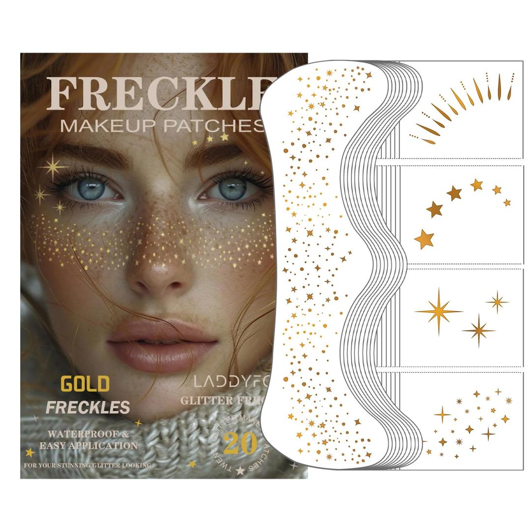 2 x 20 Pcs Gold Face Makeup Patches, Glitter Freckles Face Tattoo Gold Makeup, Glitter Freckles, Sparkle Makeup Patches, Waterproof Face Glitter Temporary Tattoos for Women