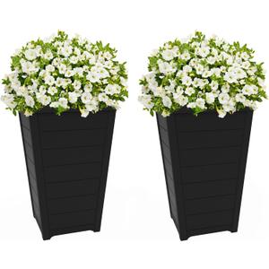 Keter Set of 2 Resin Modern Outdoor 22 Inch Tall Large Flower Pots, Tapered Wood Look Planters for Outdoor Plants and Front Porch Decor, Graphite
