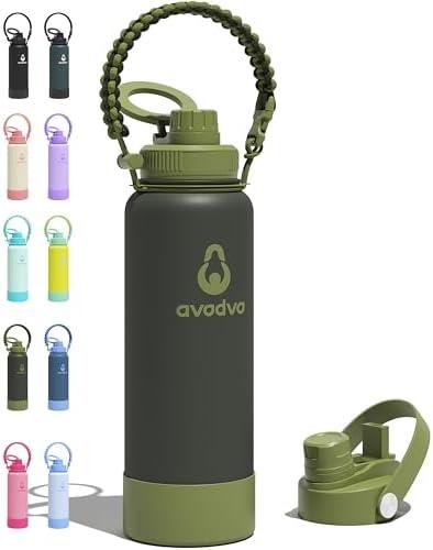 Avodvo 40 oz Insulated Water Bottle with 2 Lids (2-in-1 Straw & Spout Lid, Magnetic Lid), Slim Water Bottle with Strap, Stainless Steel Water Bottle for Hiking, Gym, Travel, BPA-Free, Army Green