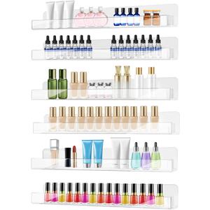 6 Pack Wall Mounted Acrylic Nail Polish Organizer Rack 15 Inch Clear Nail Polish Shelf with Removable Ends Multi-Purpose Shelf for Essential Oils Cosmetics Storage Display for Salon Bathroom