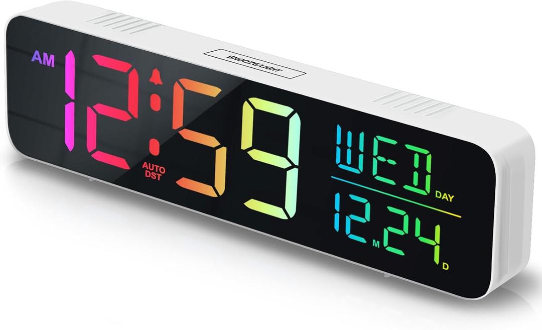 Peakeep Large Display Digital Alarm Clock for Bedrooms, Date Day of Week Desk Table Clocks for Living Room Office, Dimmable Plug in Electric Clock, 5 Volumes, Loud, Auto DST (White + 8 Colors)