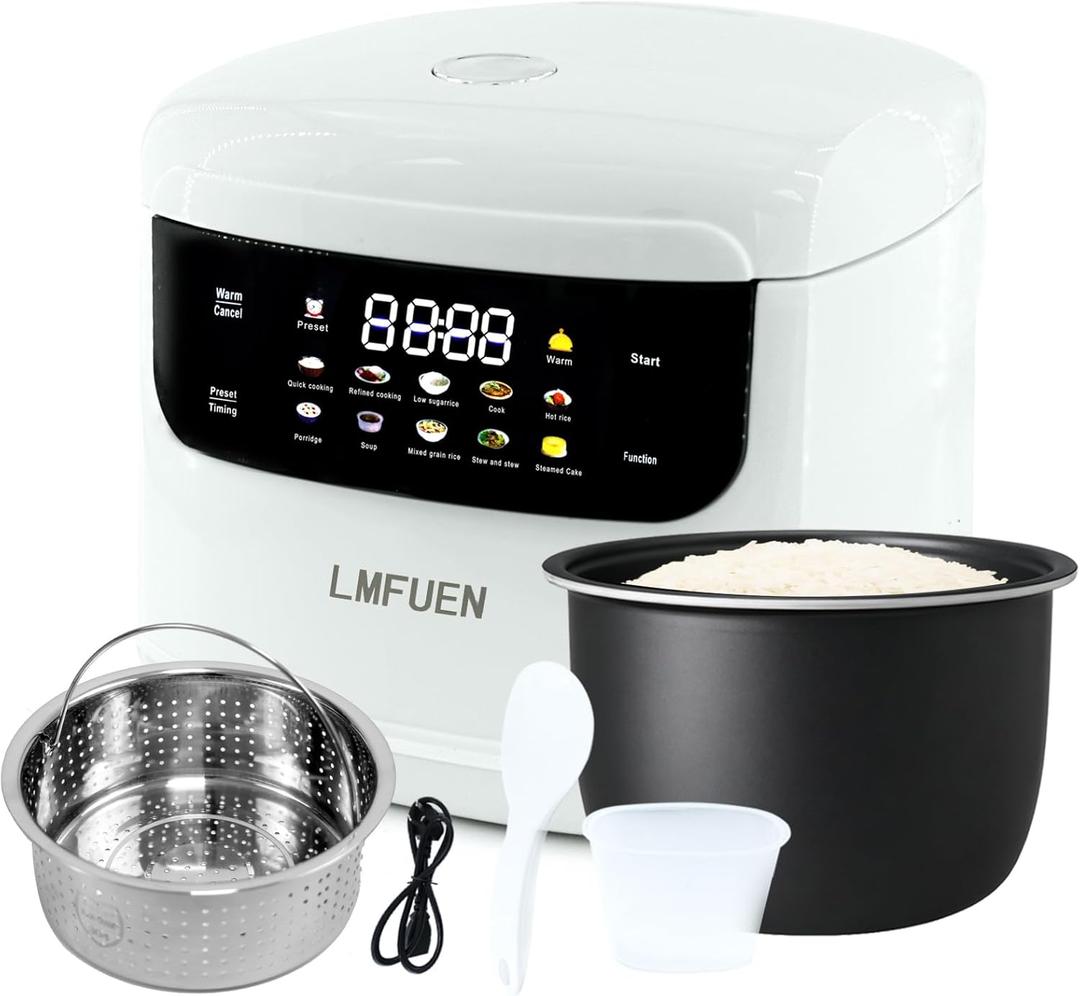 Portable Mini Stainless Steel Low Carb Rice Cooker,2L,6 Cups Cooked/3 Cups Uncooked,400W Non-Stick Rice Maker, 24 hours Timer Delay,10 Functions, Fast Cooker,Auto Keep Warm,White (Black inner pot)