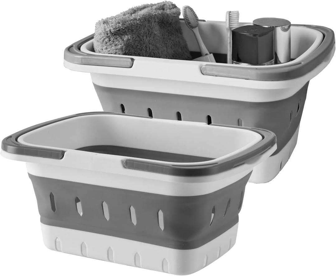 Portable Folding Plastic Bath Caddy with Handle, Perforated, Travel Bathroom Organizer for Bedroom, Bathroom, Shower, Dorm Room, Camping and RV Use (Grey, 2 pack)