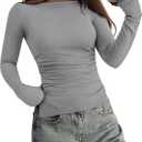 KIRUNDO Long Sleeve Going Out Tops for Women 2026 Spring Casual Boat Neck Workout Shirts Fall Fitted Side Slit Basic Tees (Gray, XS)