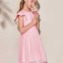 Haloumoning Girls Tutu Dress Ruffle Short Sleeve Fluffy Summer Party Tulle Dress for Kids 7-8Y (Pink)