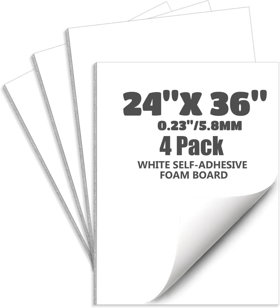 4 Pack One Side Self Adhesive Foam Board, 24x36 Inches White Poster Board, 0.23" Thick Double-Sided Acid-Free Foam Core Board, Sign Board for School Projects, Office