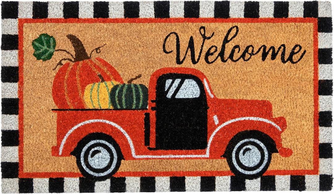 Welcome Fall Truck Door Mat 30x17 Inch, Vintage Fall Truck Decor for Covered Outdoor Area, Pumpkin Truck Decor, Vintage Coir Welcome Mat