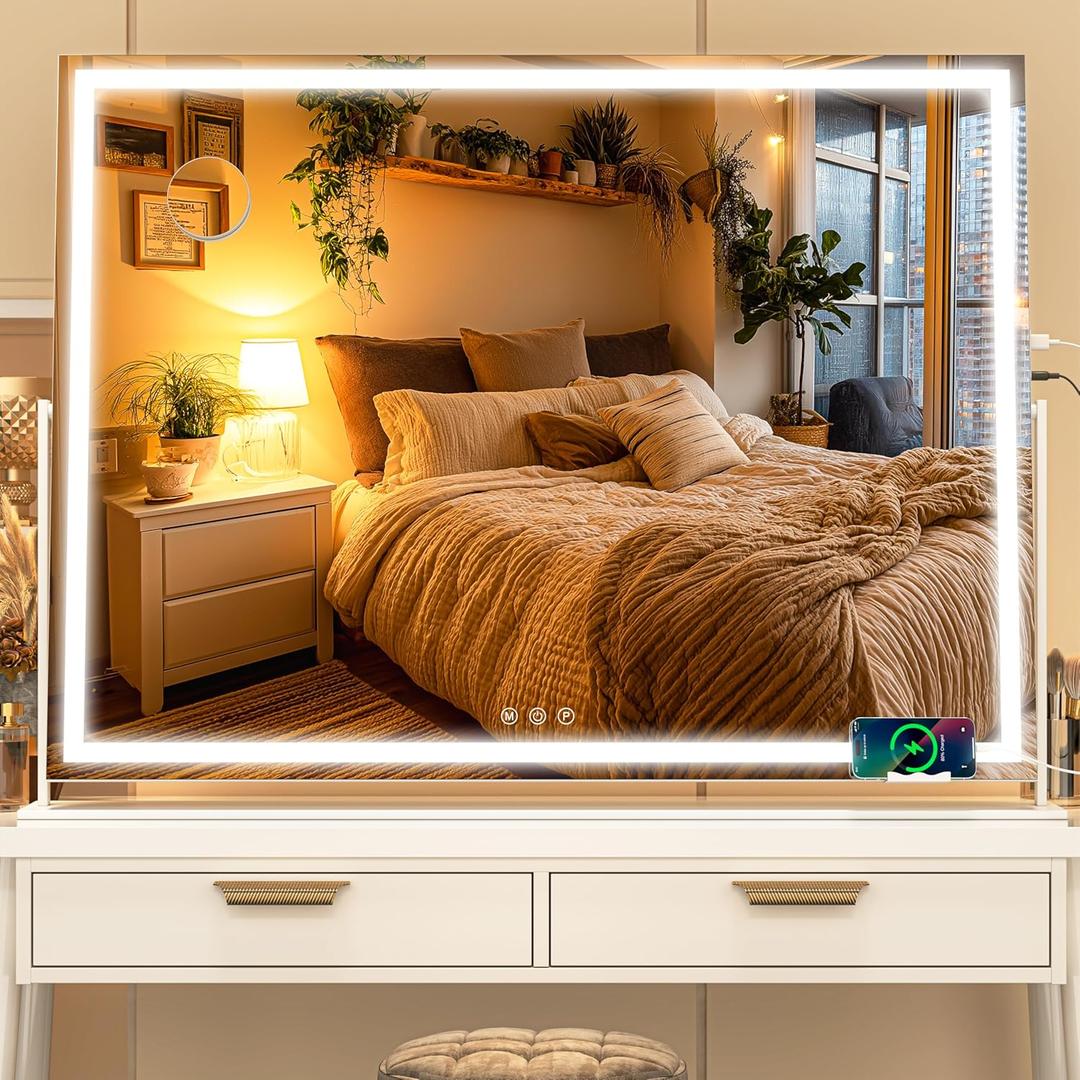 Vanity Mirror with Lights, 23.5" x 31.5" Lighted Makeup Mirror, Touch Screen with 3-Color Lighting, Dimmable for Vanity Desk Tabletop Square White