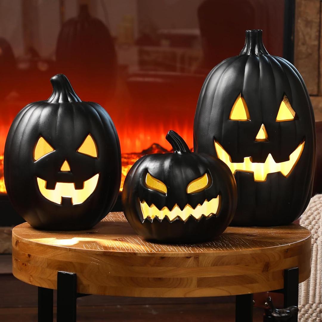 Reallnaive 3 PCS Black Jack o Lantern Decoration, Halloween Plastic Vintage Pumpkin Decor with Light for Indoor & Outdoor - Holiday Party Fireplace Mantle Porch, Battery Not Include