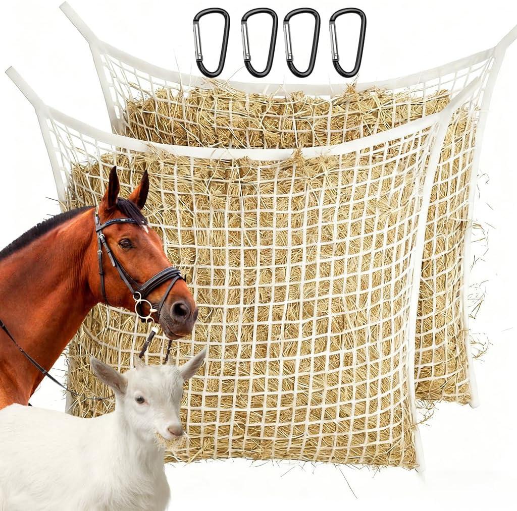 2 PCS Slow Feed Hay Nets for Horses - 31.5" x 35.4" Large Capacity Hay Bags, Durable Horse Feed Bag with Easy Hang Design for Full Day Feeding, Fits Horse Stall/Trailer (White)