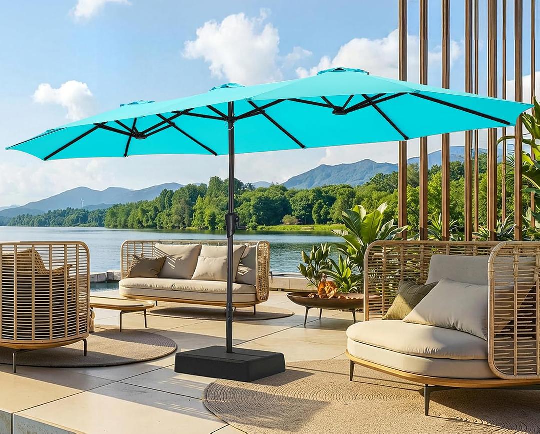 SUPERJARE 15FT Outdoor Patio Umbrella with Base Included, Double Sided Pool Umbrellas with Fade Resistant Canopy, Extra-Large Table Umbrella for Deck, Market, Backyard, Light Blue
