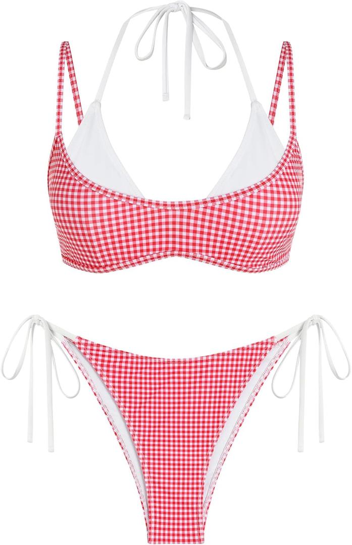 ZAFUL Women's Polka Dot Bikini Set Double Layer Halter Swimsuit Colorblock Side Tie 2 Piece Bathing Suit (Large, 0-red Plaid)