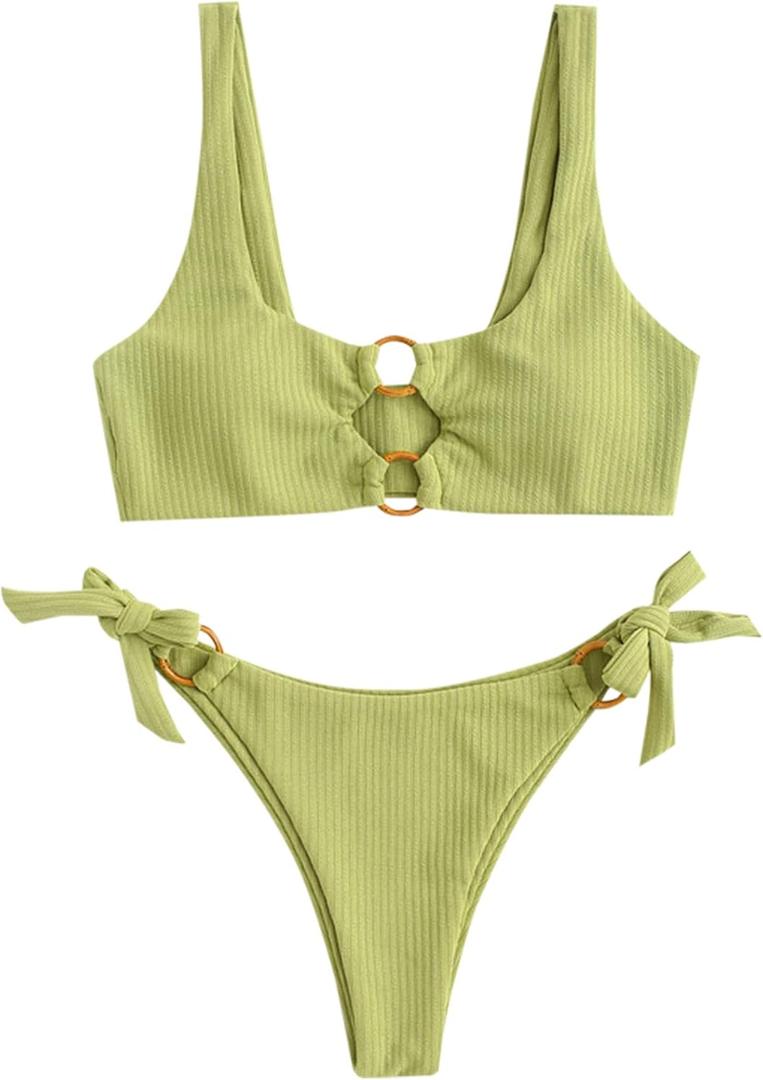 ZAFUL Women's Ribbed O-Ring String Bikini Swimsuit Cheeky Thong Swimwear Two Pieces Bathing Suit (Medium, 34_grass Green)