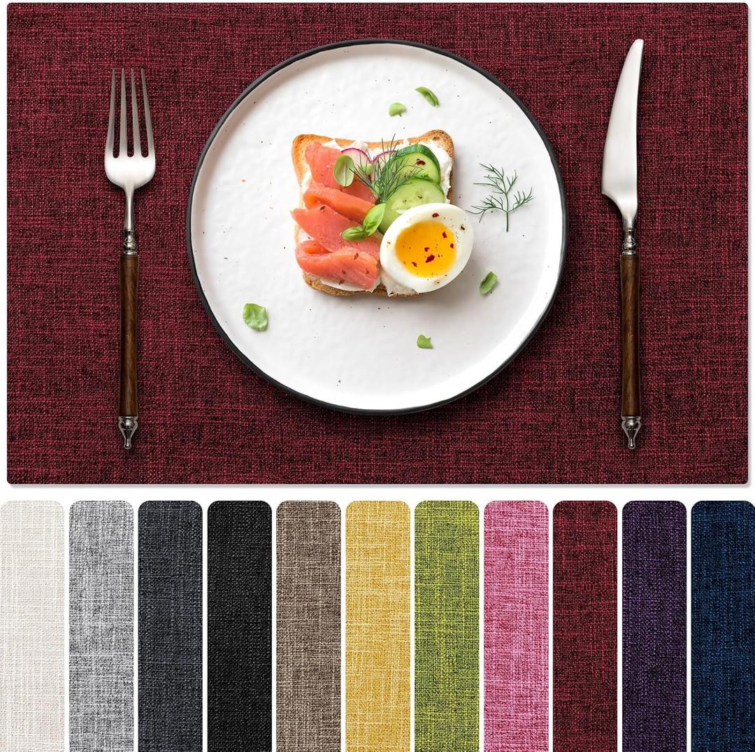 Blue Forest Placemats Set of 4, Dual-Layered Thickened Faux Linen Cloth Place Mats Heat Resistant Machine Washable Wrinkle Free Table Mats Indoor/Outdoor (Red)