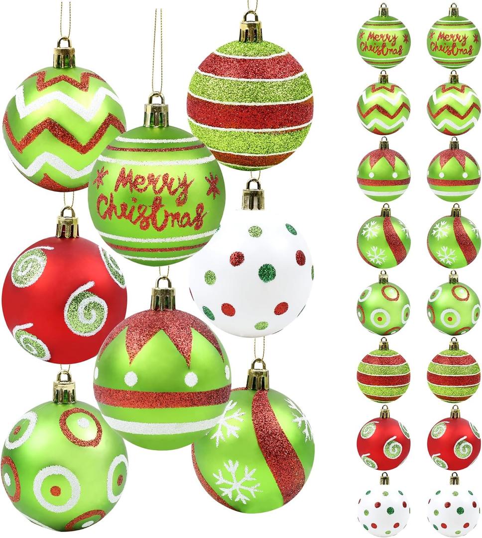 24pcs Christmas Ball Ornaments Glittering Elf Ball Ornaments for Christmas Tree - 2.36" Red Green White Xmas Baubles Hanging Ornaments Holiday Xmas Tree Party Decoration Present