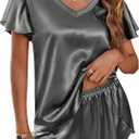 Ekouaer Women Satin Pajamas Set Ruffle Sleeves Silk Pj Set Soft V Neck Sleepwear Loungewear, S