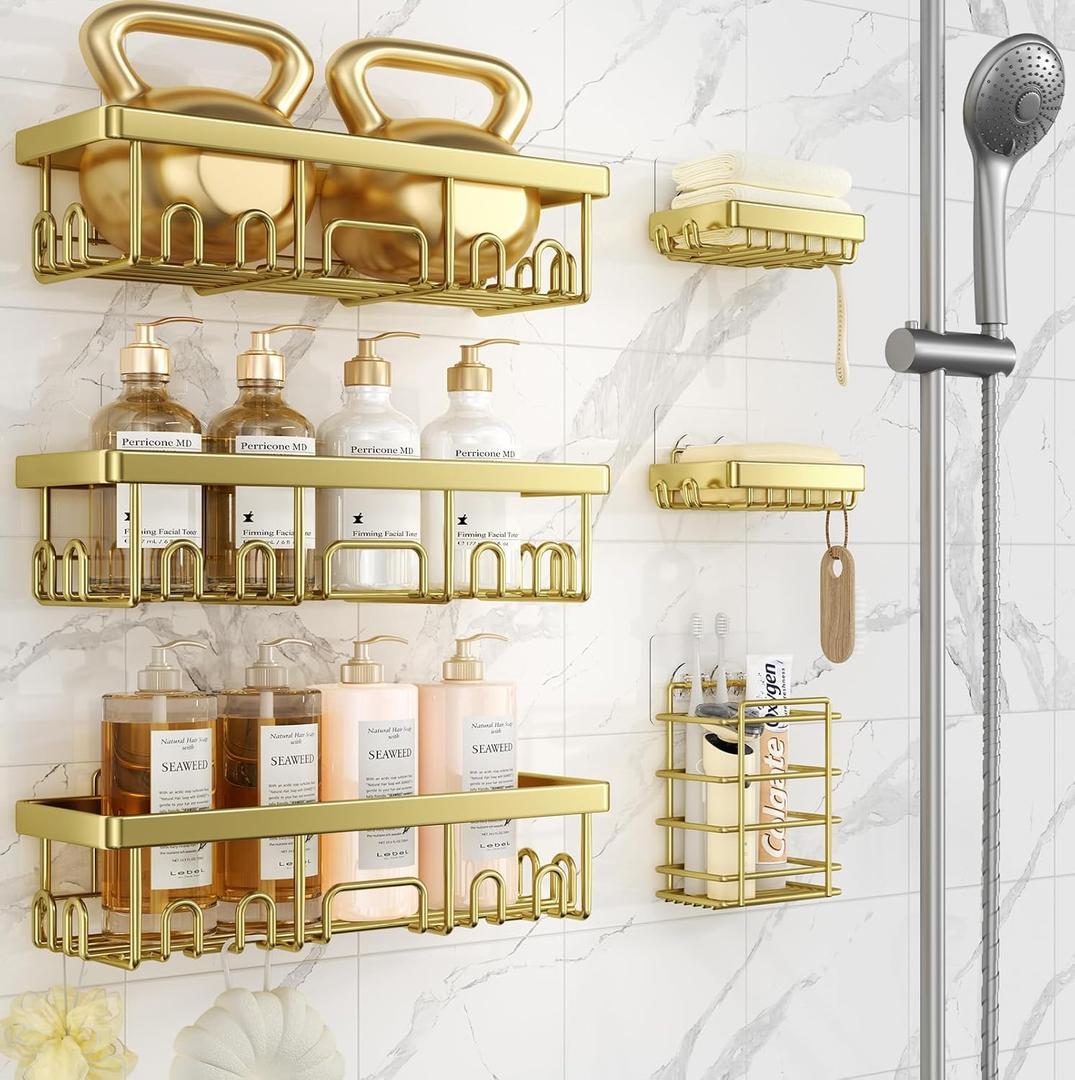 Veken Adhesive Shower Caddy 6-Pack,Gifts for Women Mom,Heavy Weight Bearing,Large Wall Mounted Bathroom Shelves Rack,Organizer Storage Accessories with Soap Dish&Toothbrush Holder,Bright Gold (6-Piece Set for Master Bathroom(Rustproof Upgrade))
