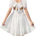 3 x GRACE KARIN Girls Summer Tie Back Dress Square Neck Lantern Sleeve Ruffle Hem Elegant Dresses for 7-14 Years (White)