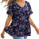 YESNO Women's Summer Tops Casual V Neck Babydoll Blouses Floral Short Sleeve Peplum Shirts TH2 (L)