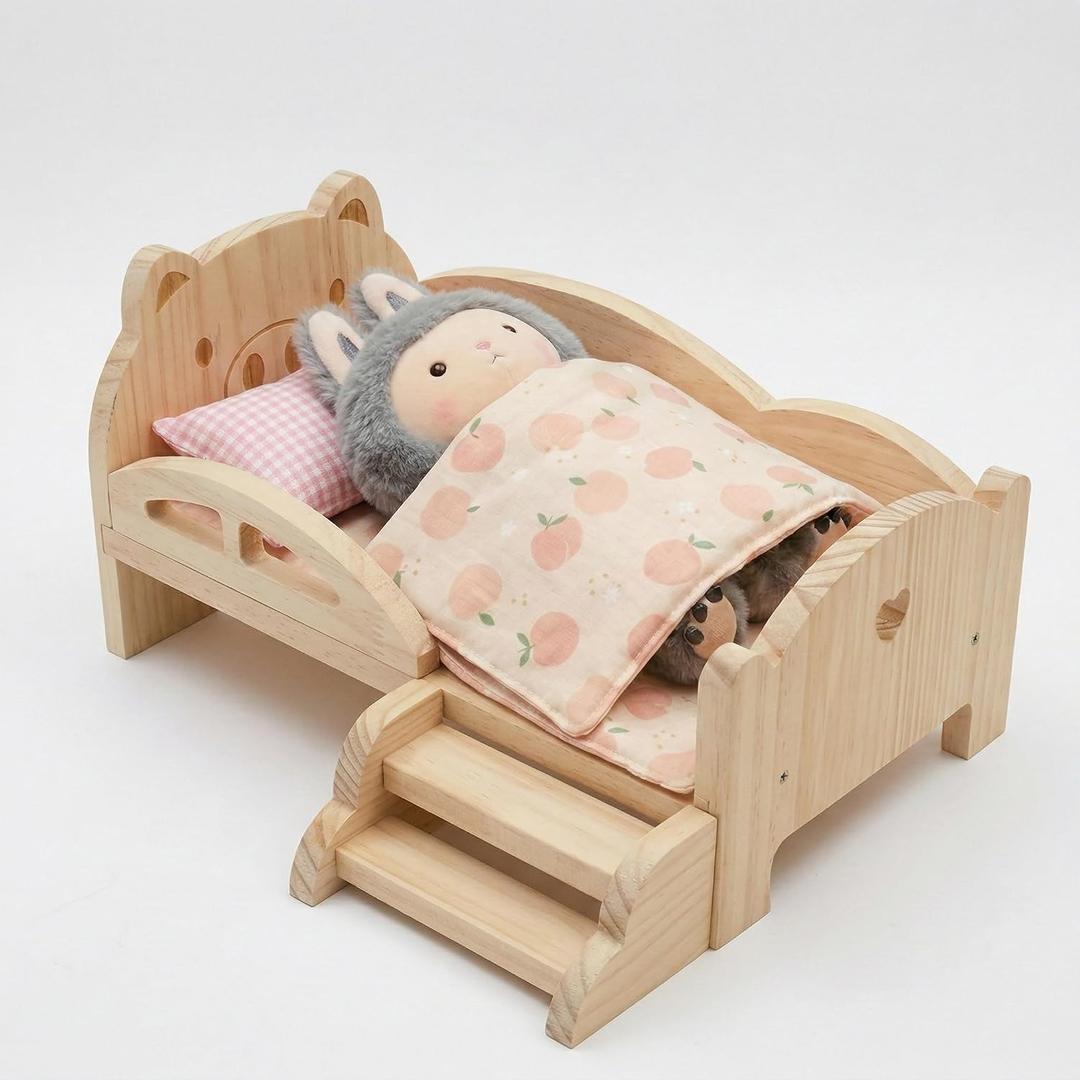 Wooden Doll Bed Set for 17cm 6.7 Inch Figures, Carved Dollhouse Furniture with Guardrail and Ladder, Includes 3Pcs Bedding for Collectible Dolls and Small Pets, Solid Pine Wood