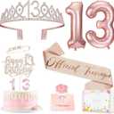 13th Birthday Decorations for Girls, Including 13th Happy Birthday Cake Toppers, Queen Sash with Pearl Pin, Sweet Rhinestone Tiara Crown, Number Candles and Balloons Set, Rose Gold
