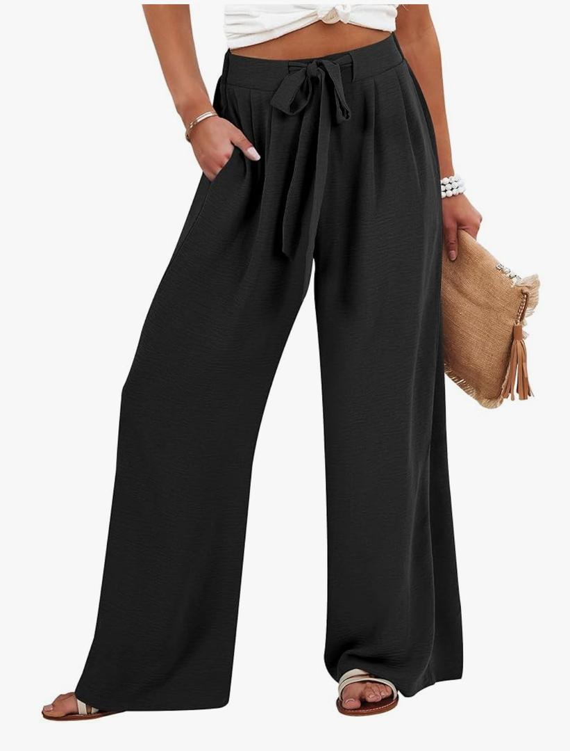 Caracilia Women Wide Leg Palazzo Pants Summer High Waist Flowy Casual Trousers Loose Lounge Beach Travel Vacation Clothes Extra Large, Black