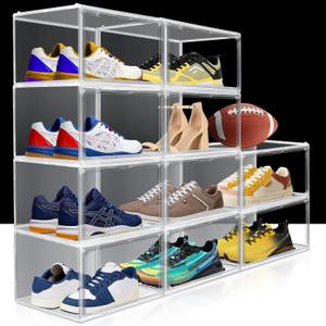12 Pack Sneaker Boxes Clear Plastic Stackable Shoe Box Size 12.5, Transparent Display Case with Magnetic Acrylic Door, Dustproof Storage Bins for Closet, Over the Door Shoe Organizer