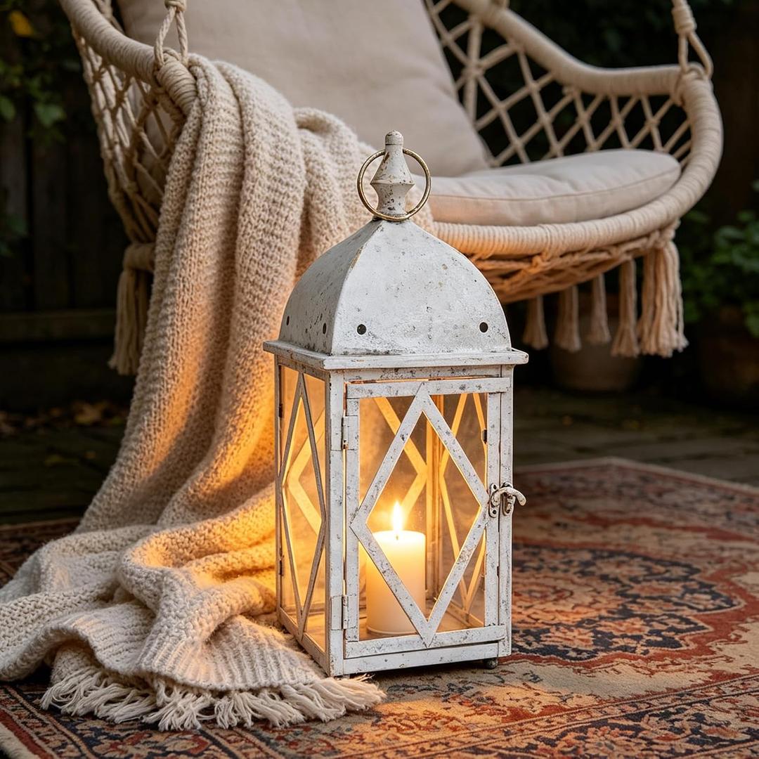 17" Vintage Distressed White Metal Lantern, Glass Paneled Hanging Candle Lantern, Rustic Farmhouse Decor for Indoor & Outdoor Patio, Garden, Wedding & Entryway Display