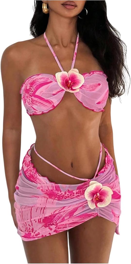SOLY HUX Women's 3 Piece Swimsuit Floral Halter Bikini Set Beach Vacation Bathing Suit with Drawstring Cover Up Skirt Large