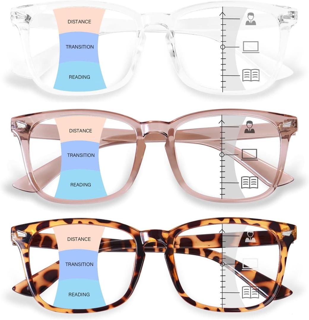 Progressive Multifocal Reading Glasses for Women Men, Square Blue Light Blocking Computer Readers