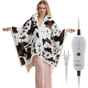 Heated Electric Blanket Shawl Cow Print Wearable Heated Blanket with Hood & Pocket, Winter Gifts for Adults, Soft Heating Blanket Throw with 4 Heat Levels & Auto Shut-Off, Cow Print, 50" x 64"