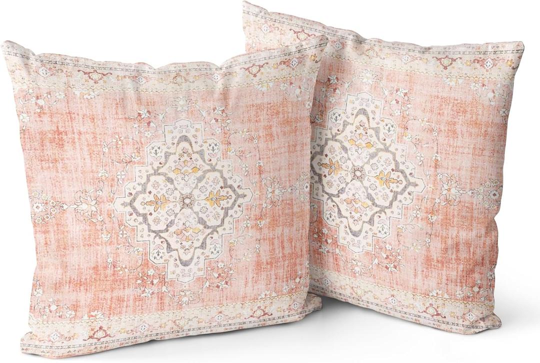 Snycler Boho Throw Pillow Covers 18x18 inch Set of 2 Bohemian Carpet Throw Pillows for Couch Light-Pink Decorative Pillow Cases Farmhouse Home Decor for Sofa Porch Patio Bed Room Outdoor