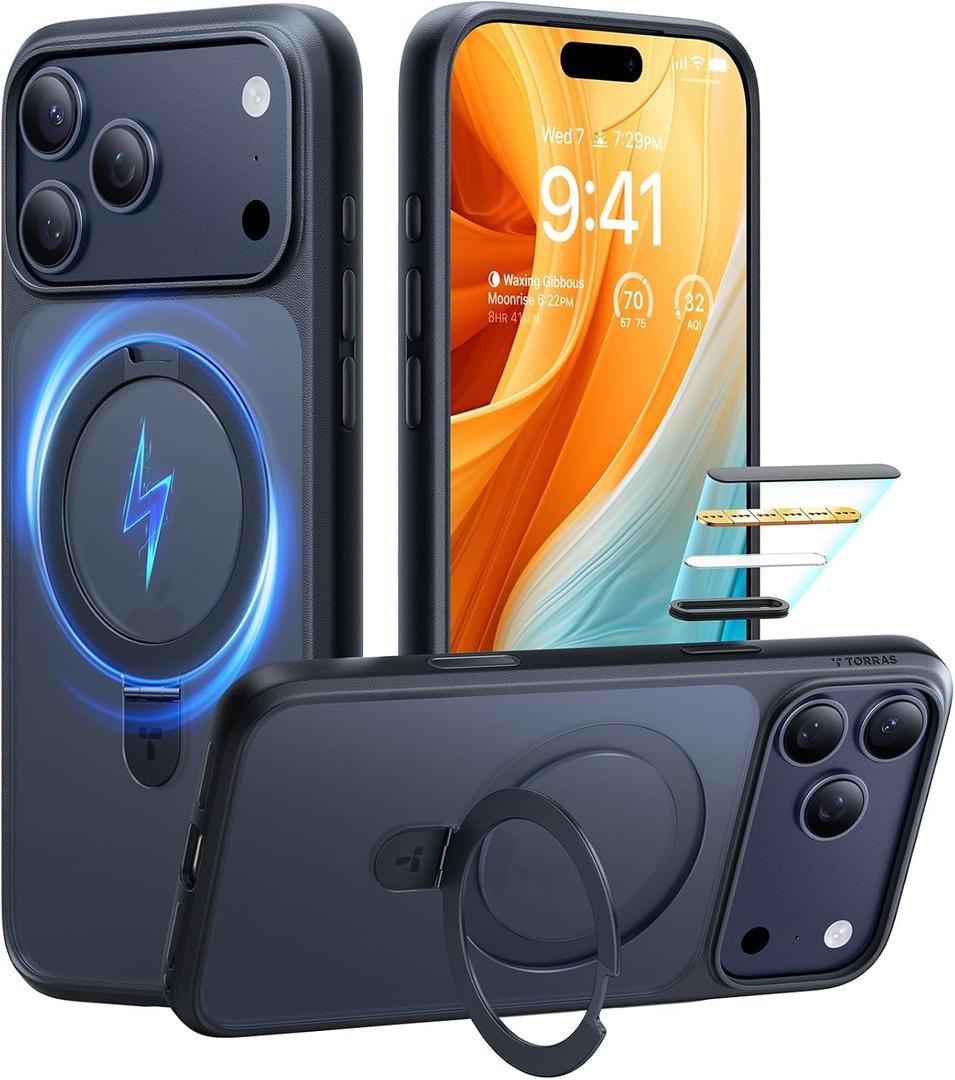 TORRAS Ostand Magnetic for iPhone 17 Pro Case, Fit for MagSafe, 3X Military Drop Protection, Camera Control, Slim Phone Case for iPhone 17 Pro with Kickstand, Translucent Matte Cover 6.3", Black
