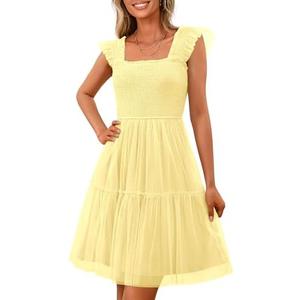 PRETTYGARDEN Womens 2025 Trendy Mini Summer Dresses Sleeveless Tulle Ruffle Square Neck Tiered Smocked Beach Vacation Dress Size M