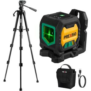 PREXISO Laser Level with 47 Inch Tripod, IP54 Rechargeable 65Ft Green Cross Line Laser Self Leveling, Light Indicator, 3 Brightness Mode, Lazer Leveler Tool for Picture Hanging, Tile, Home Renovation