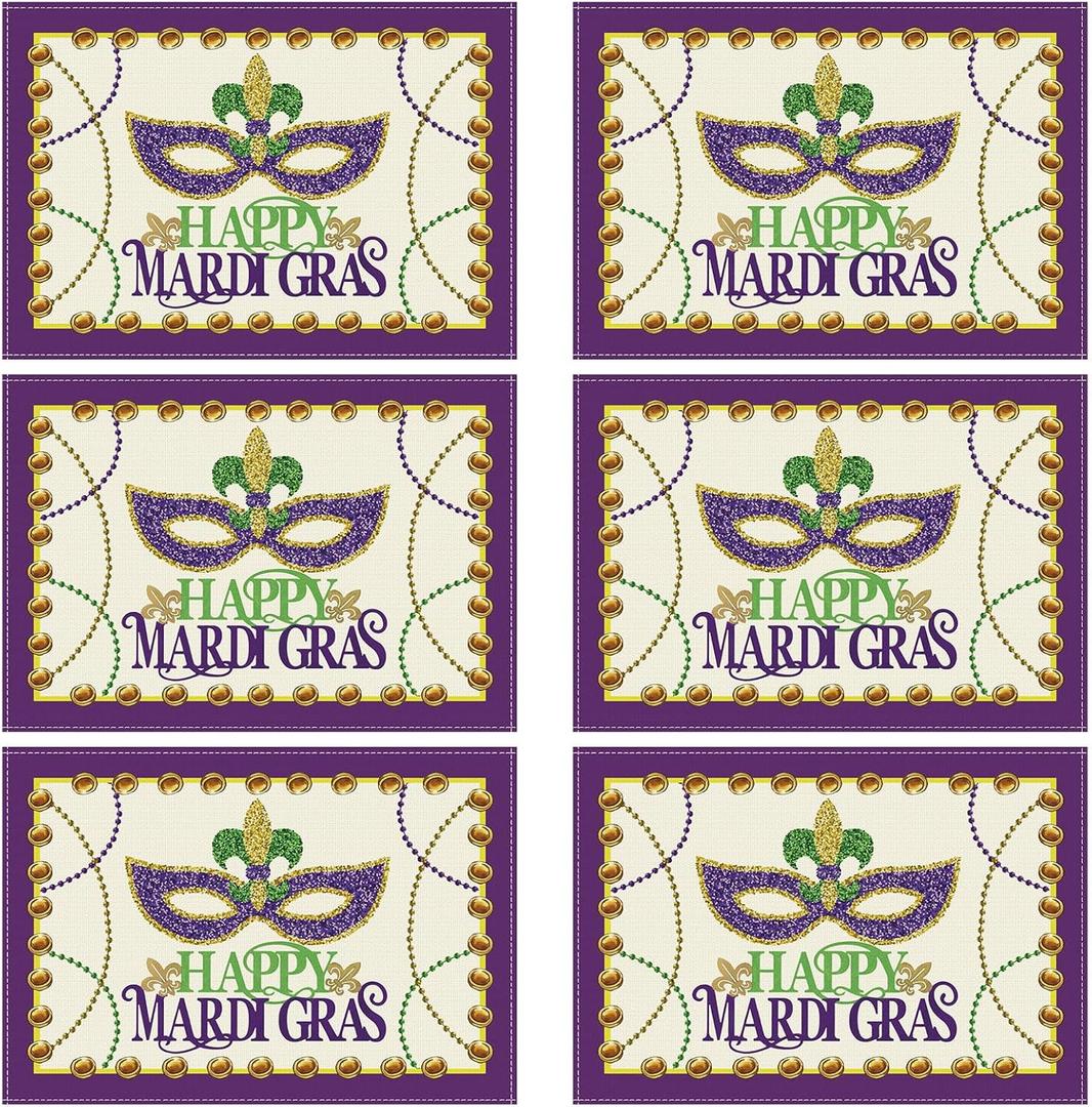 XCHI Happy Mardi Gras Fleur De Lis Iris Masquerade Mask Beads Placemats Set of 6 Table Mats for Party Home Kitchen Dining Table Decorations 12x18 Inch