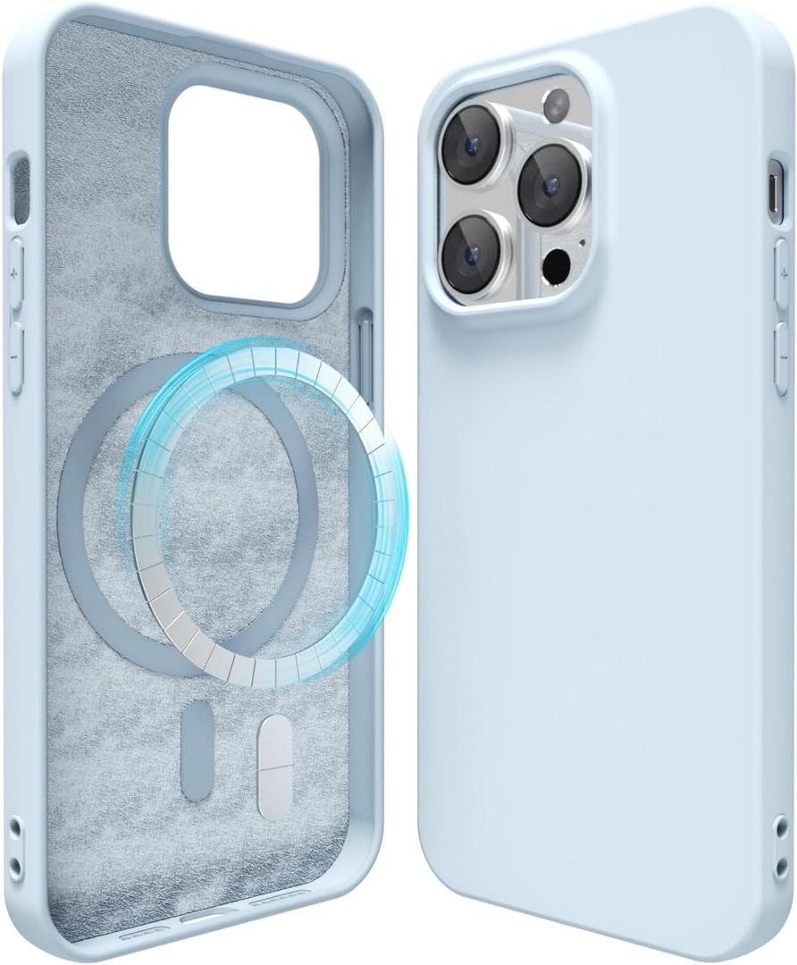 oakxco Silicone Case for iPhone 14 Pro Case Magnetic, Compatible with Magsafe Wireless Charging, Slim Thin Soft Rubber Gel, Girly Cute Aesthetic Trendy Hard Shell Mag Safe Cover for Women, Light Blue
