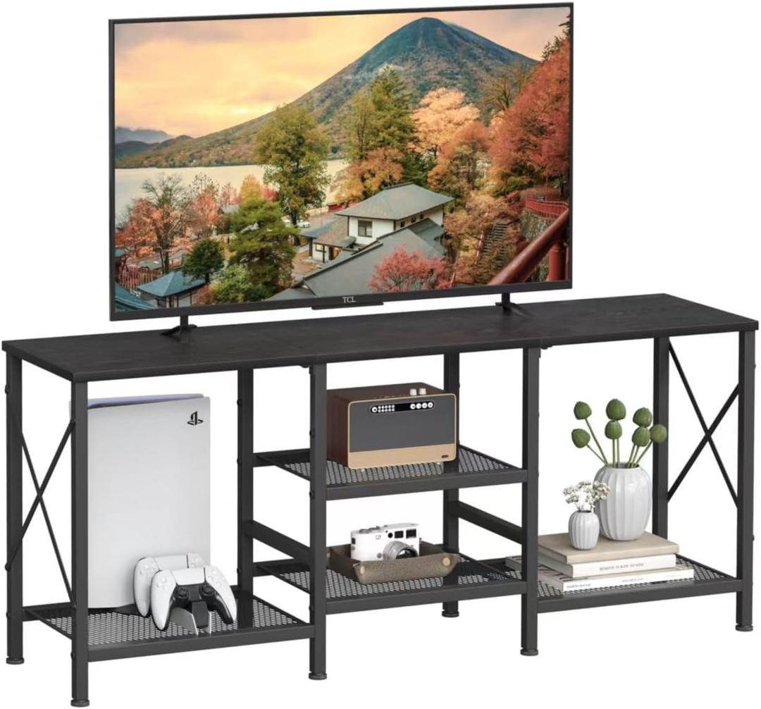 JARHETUN TV Stand for 55 Inch TV, Entertainment Center with 3-Tier Open Shelves, TV Console Table for Living Room, Bedroom, Black