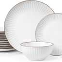 Famiware Eden Plates and Bowls Sets, Stoneware Dinnerware Sets with Gold Trim, 18 Pieces Dishes Set for 6 - Chip and Scratch Resistant, Microwave and Dishwasher Safe, White Stripe