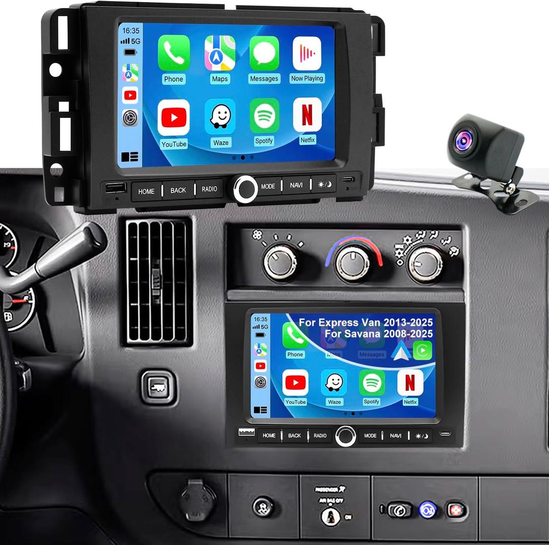 Car Radio for Chevy Express Van 2013-2025, Impala 2006-2013, Traverse 2009-2012, Monte Carlo 2006-2007, for GMC Savana 2008-2025, 7 Inch Touch Screen Stereo Carplay Android Auto GPS FM BT WiFi Camera