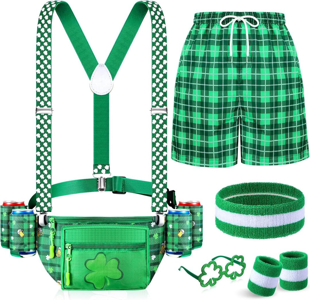 St Patricks Day Accessories Leprechaun Costume Green Fanny Pack with Drink Holder Irish Shamrock Shorts for Men(Plaid,M)