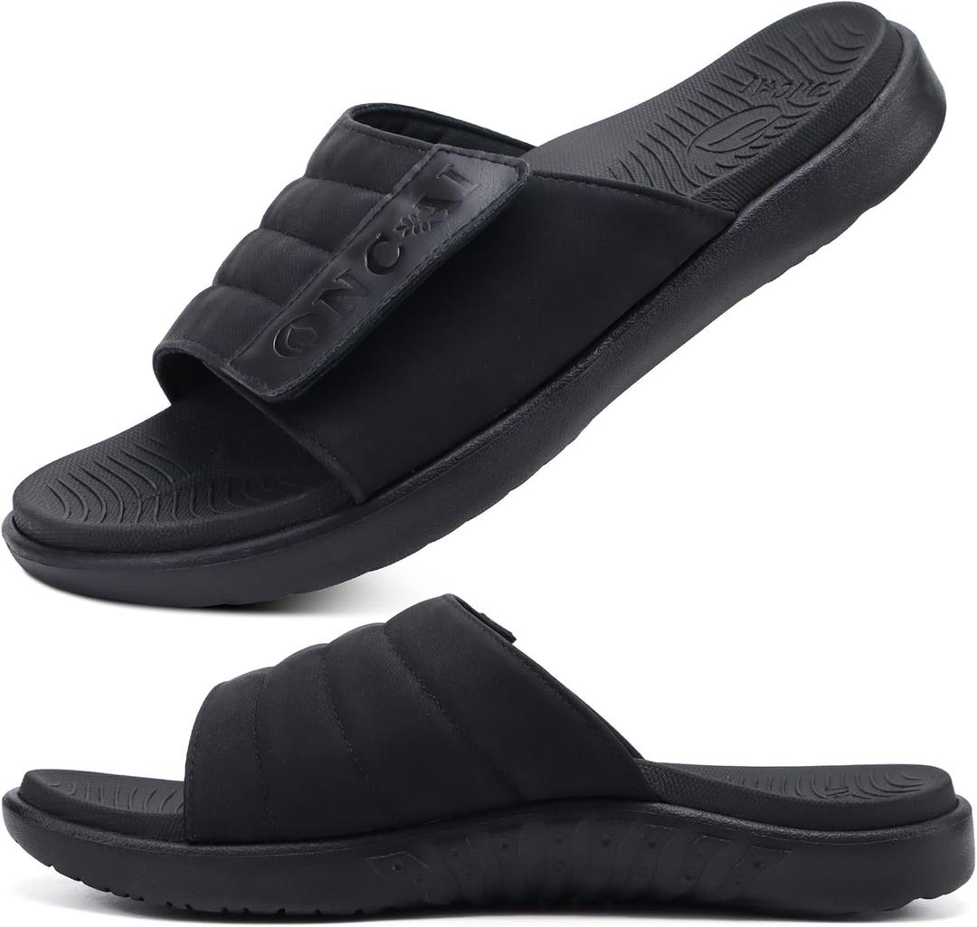 ONCAI Mens Sandals Adjustable Straps Orthotic Plantar Fasciitis Open Toe Athletic Sport Slides with Soft Comfy Arch Support Footbed Black Size 10.5