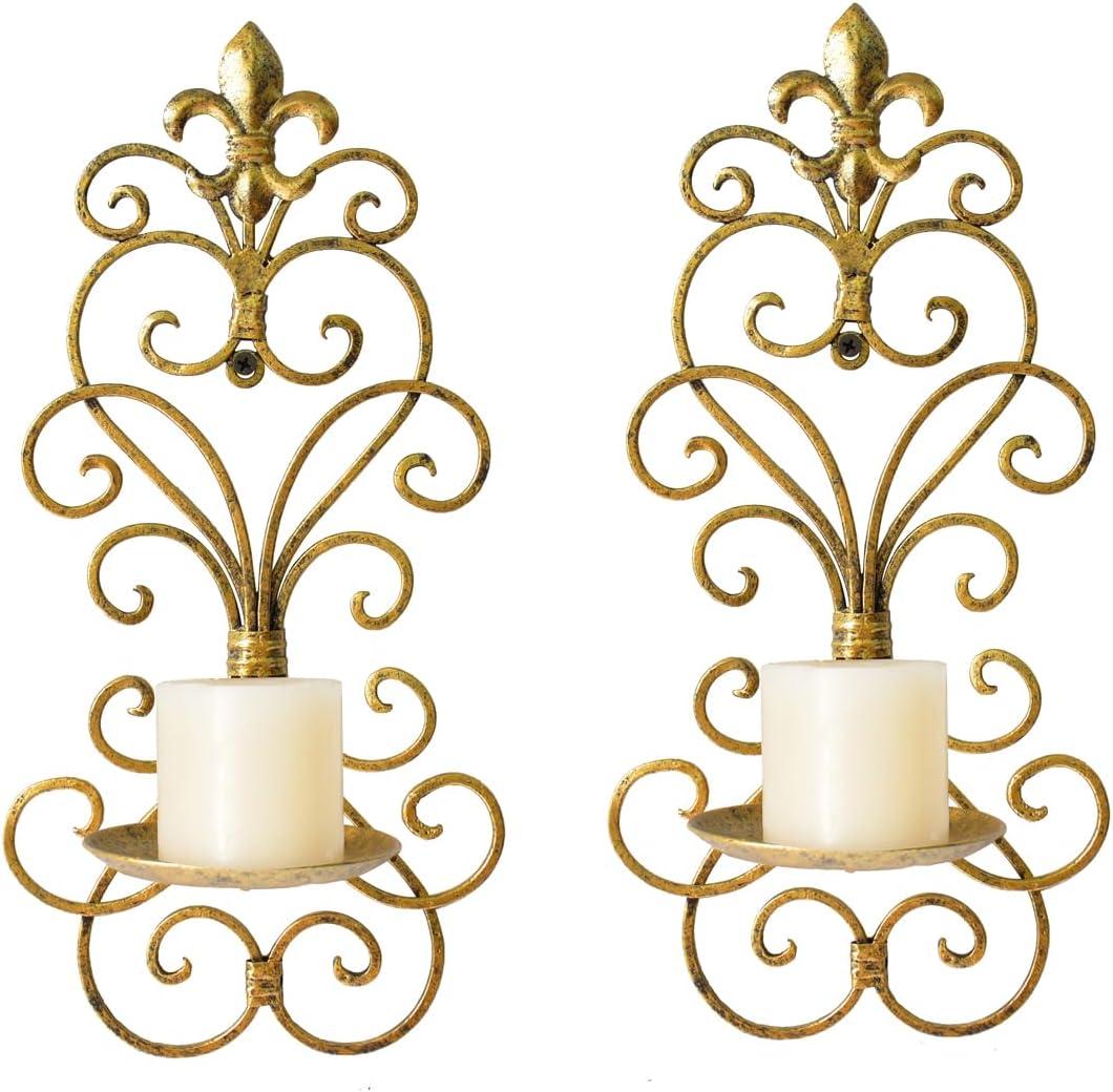 Wall Sconces Candle Holder Set of 2, Metal Wall Decorations Hanging Wall Mounted Candle Sconces for Living Room Dining Room (Gold)