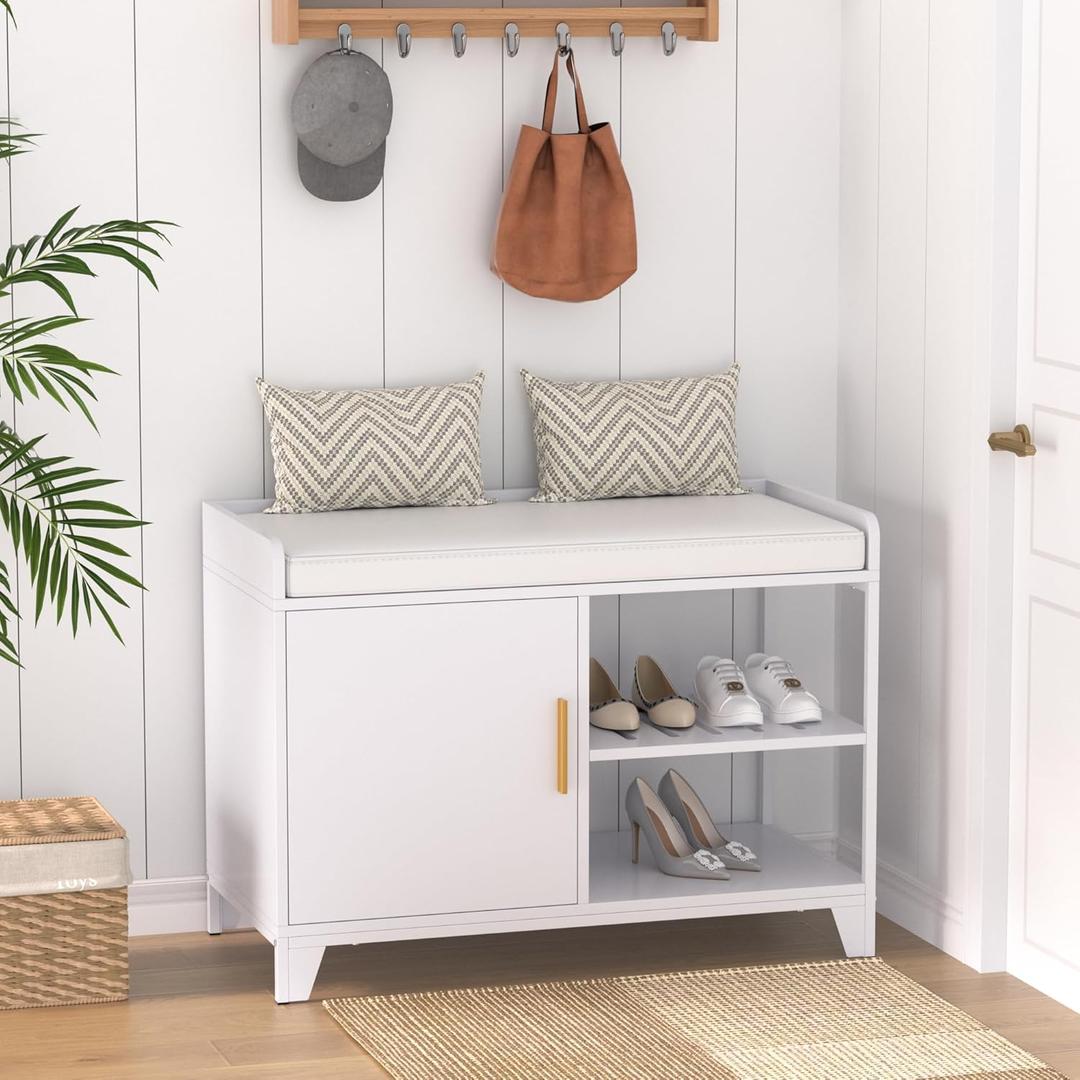 VECELO Shoe Bench for Entryway, 2-Tier Shoe Rack Organizer with Removable Seat Cushion for Bedroom, Hallway, Living Room, Slim, Pure Whtie