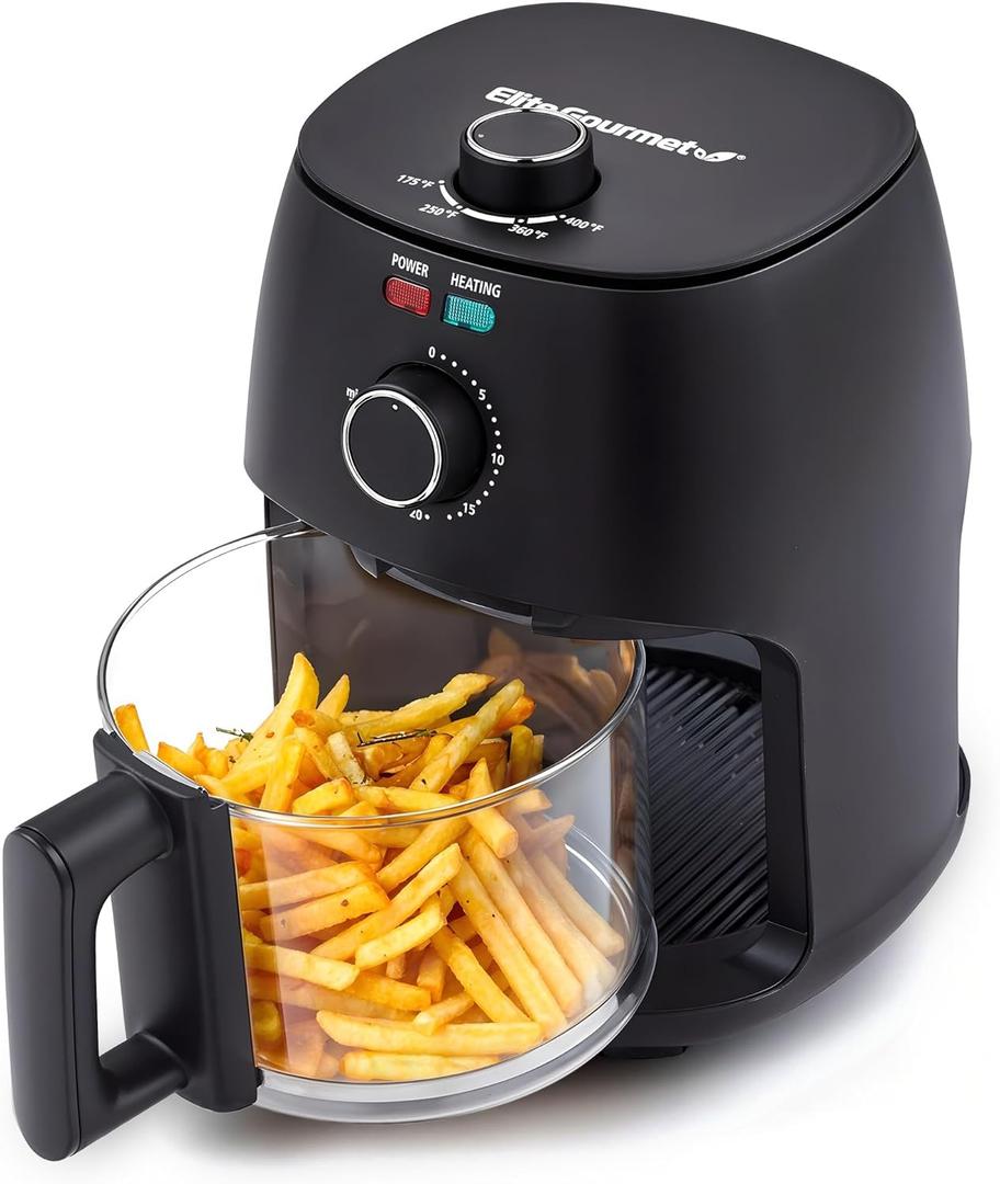 Elite Gourmet Glass Air Fryer, 2.4 Qt Compact Size for 12 People, PFAS-Free Ceramic & Glass Basket, Visible Cooking, Adjustable Temp 175400F, 1150W, Black