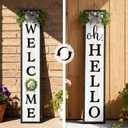 Double-Sided Welcome Porch Sign: 45 x 9 Inch Reversible Oh, Hello & Welcome Vertical Leaning Wood Sign with Removable Decorative Wreath Accent, Farmhouse Front Door Porch Decor, Black