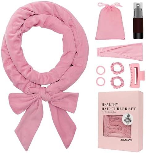 ZILAMPU Heatless Curls Overnight for Long Hair, No Heat Hair Curlers to Sleep In Overnight Curls, 70" Soft Velvet No Heat Overnight Curlers Set for Women (Pink, 9 Pcs)