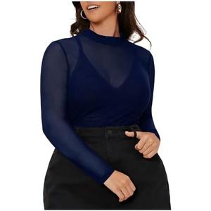 COZYEASE Women's Plus Size Sheer Mesh Tops Mock Neck Long Sleeve Tee Tops Trendy Slim Fit Clubwear, 4XL